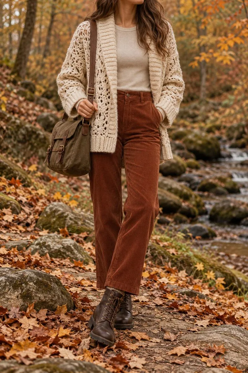 Cream shawl-collar crochet cardigan with rust corduroy trousers, thermal top and ankle boots.