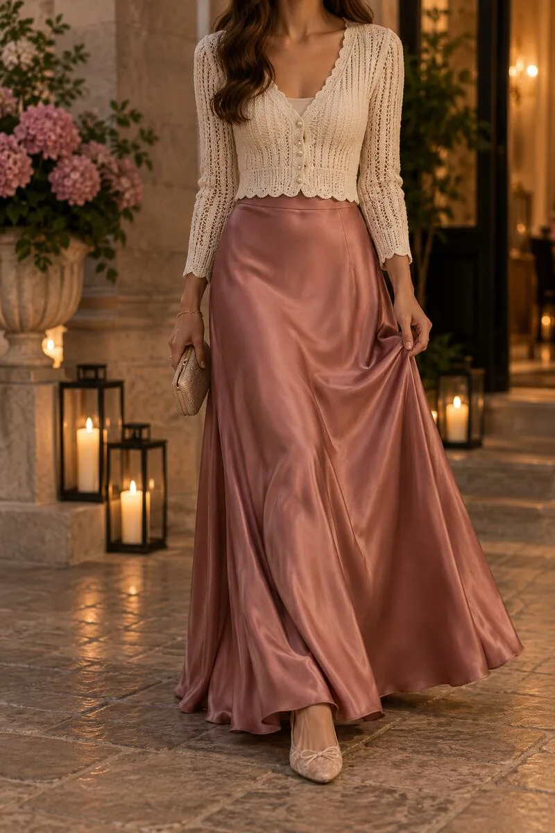 Cropped cream ribbed crochet cardigan over a camisole with a muted rose satin maxi skirt.