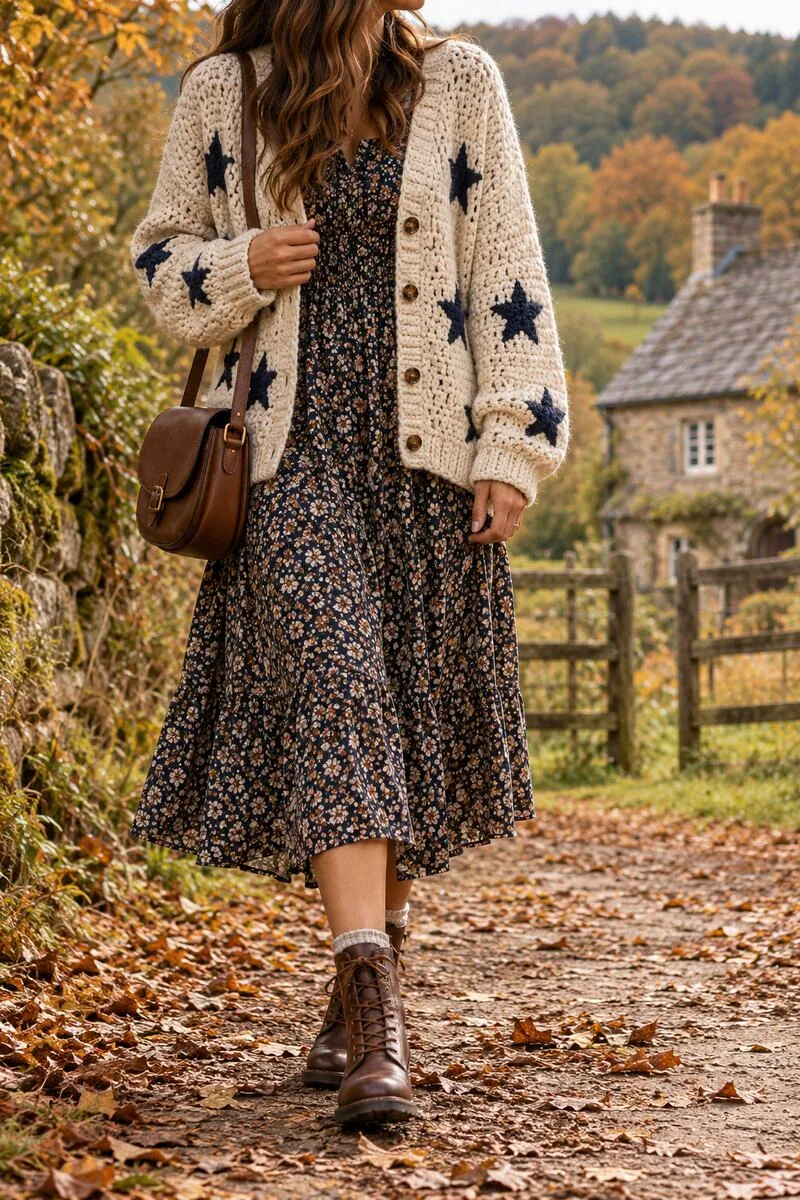 Chunky cream crochet cardigan layered over a small-print floral midi dress with lace-up boots.