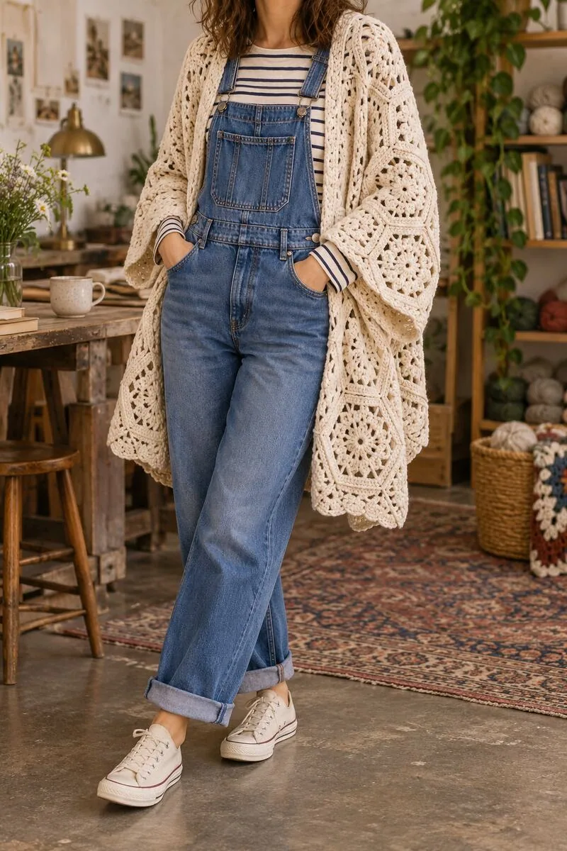 Draped cream hexagon crochet cardigan over blue denim overalls and a striped long-sleeve tee.