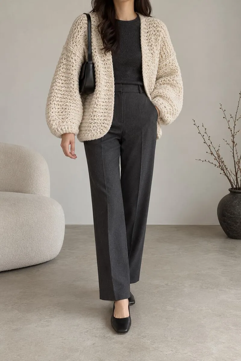 Rounded cream cocoon crochet cardigan over a charcoal top and matching straight-leg trousers.