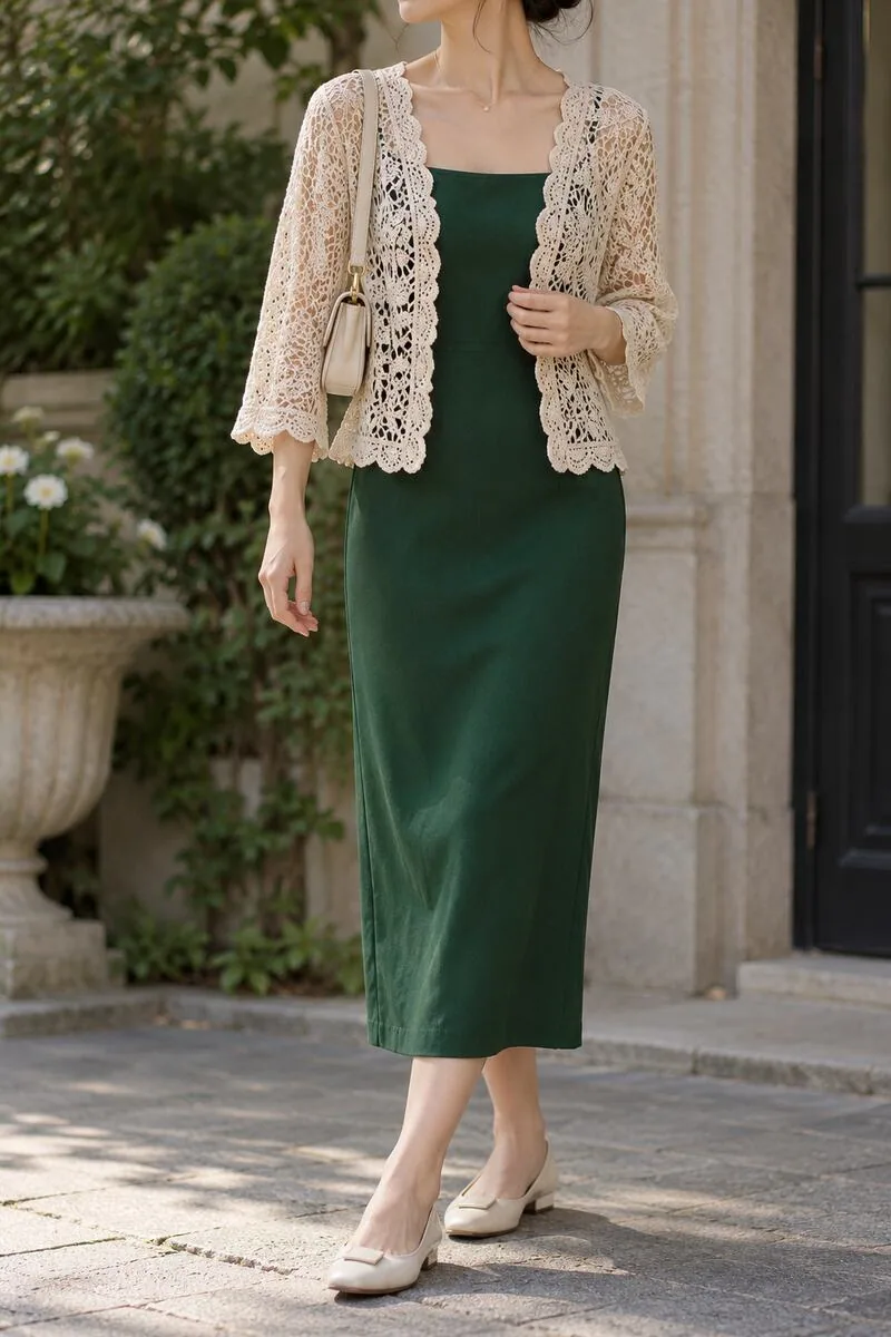 Lightweight cream lace crochet cardigan over a deep-green column midi dress with simple flats.