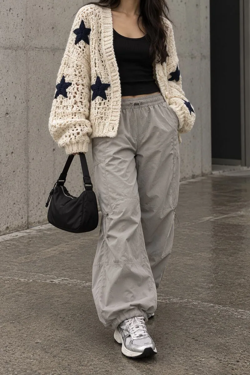 Cream crochet cardigan with navy star appliqués styled with stone-gray parachute pants and sleek sneakers.