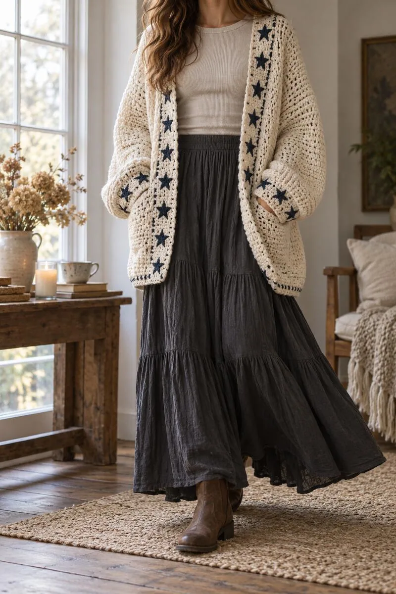 Oversized cream crochet cardigan with navy star trim worn with a fitted neutral top and charcoal maxi skirt.