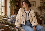 Cream crochet cardigan with navy edging and star details, styled with denim