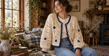 Cream crochet cardigan with navy edging and star details, styled with denim