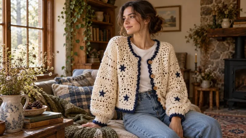 Cream crochet cardigan with navy edging and star details, styled with denim