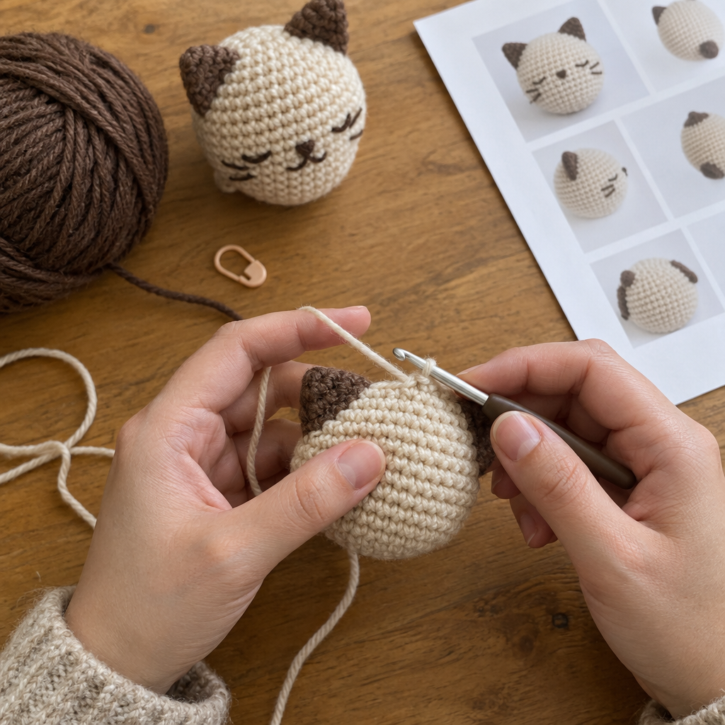 Hands crochet a cream amigurumi piece with a hook and stitch marker beside dark brown yarn