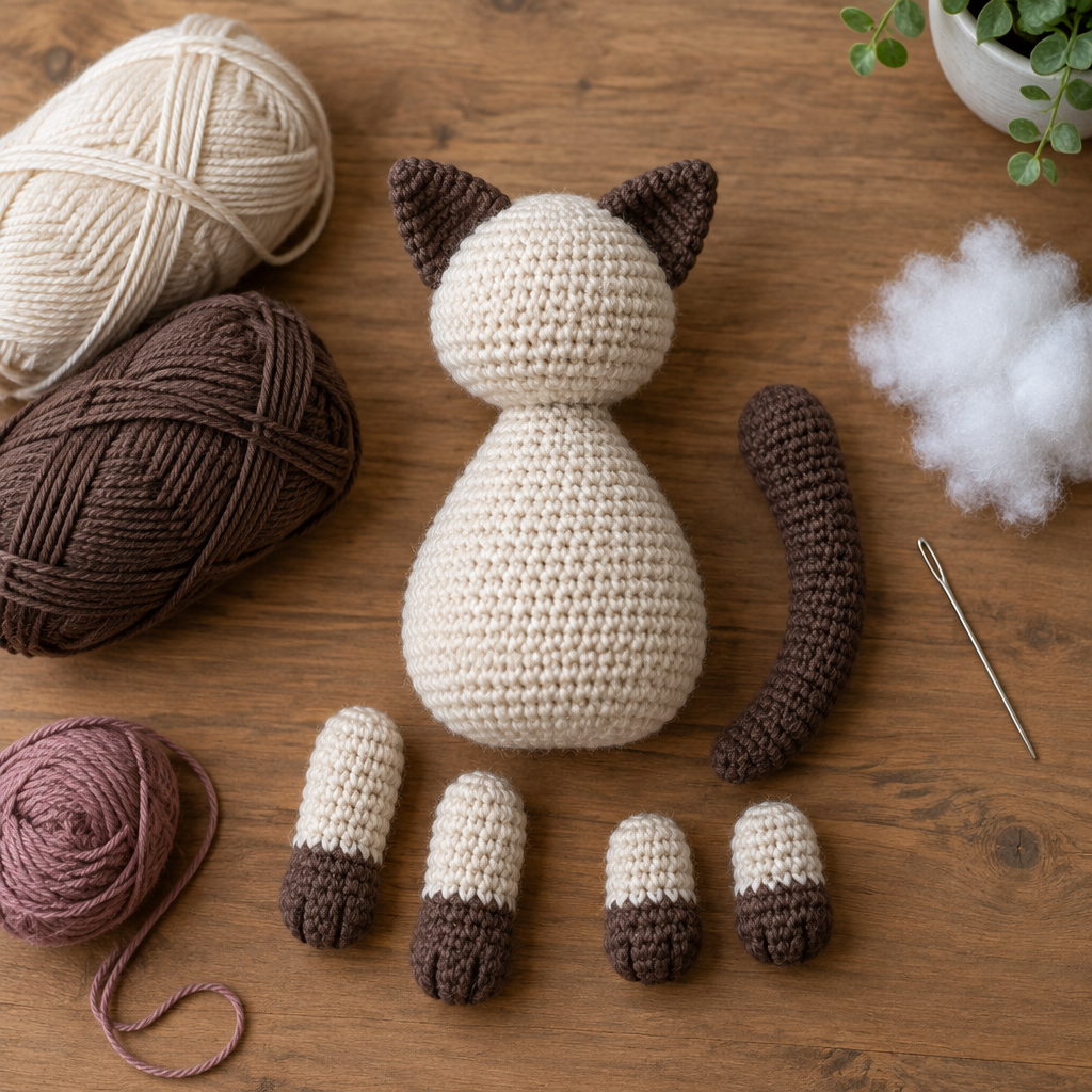 Unassembled cream and brown crochet cat pieces with stuffing and a yarn needle ready for assembly