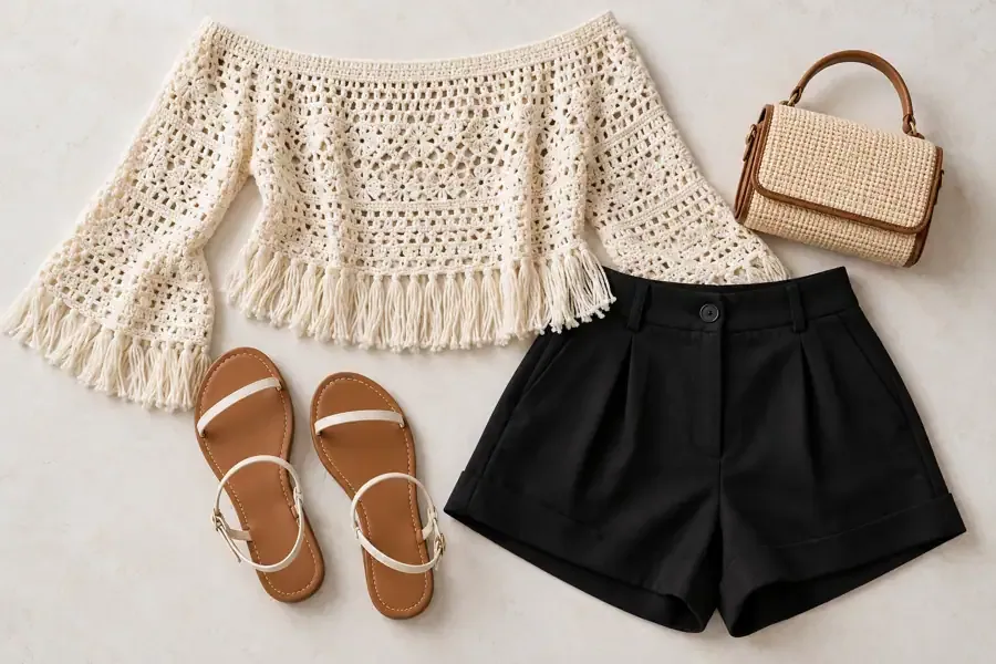 Ivory crochet sweater with fringe hem paired with tailored black shorts and flat sandals