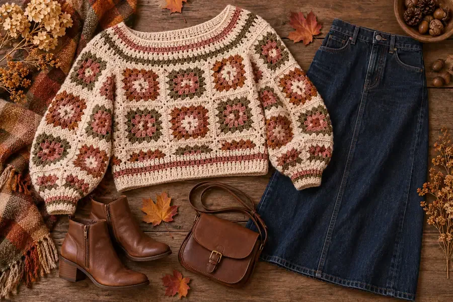 Colorful granny-square crochet sweater paired with a dark denim midi skirt and brown ankle boots