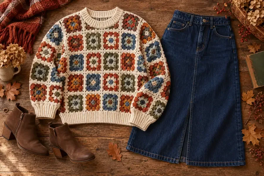Colorful granny-square crochet sweater paired with a dark denim midi skirt and ankle boots