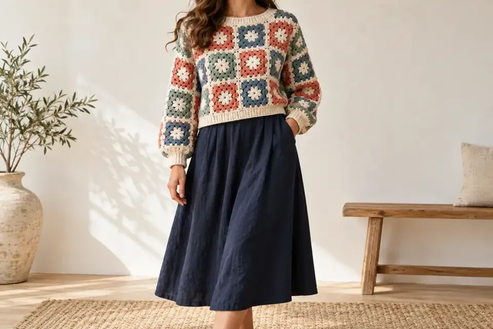 Colorful granny-square crochet sweater paired with a solid navy midi skirt