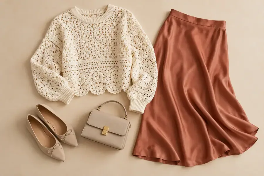 Ivory lace crochet sweater styled with a terracotta satin midi skirt and neutral accessories