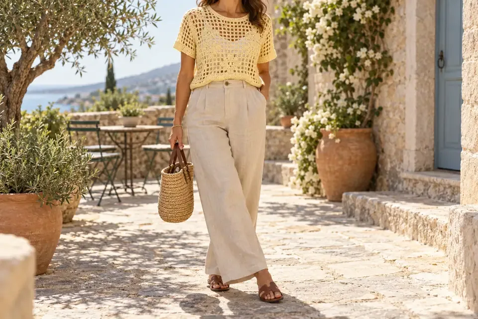 Butter yellow openwork crochet sweater paired with high-waisted linen trousers and sandals