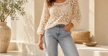 Light ivory crochet sweater styled with a camisole and straight-leg jeans
