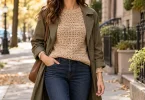 Lightweight textured sweater under a trench coat crochet outfit