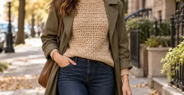 Lightweight textured sweater under a trench coat crochet outfit