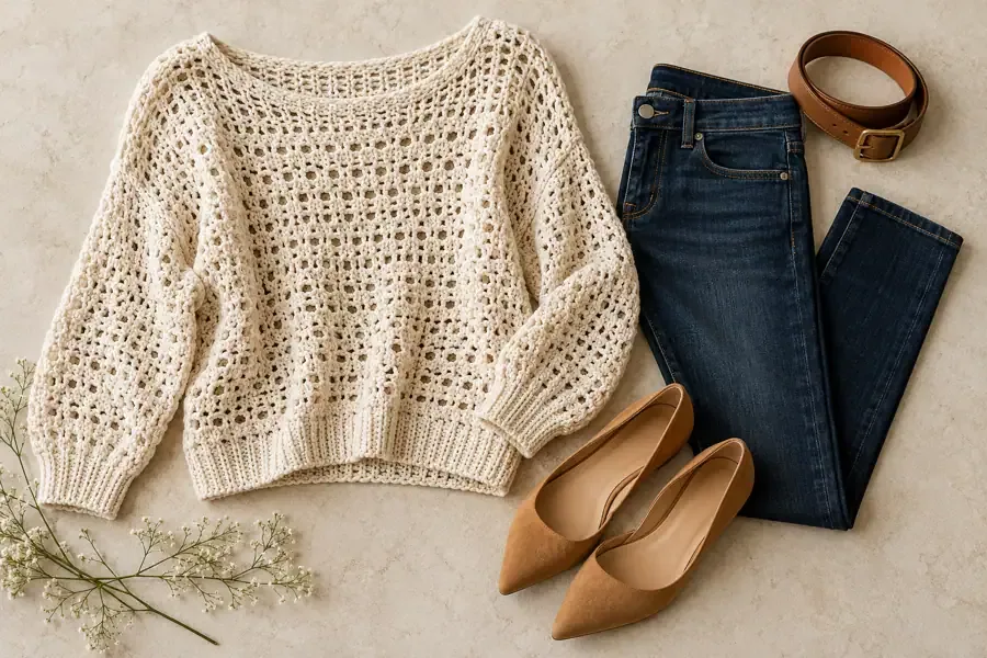 Ivory open-stitch crochet sweater paired with dark straight-leg jeans and tan flats