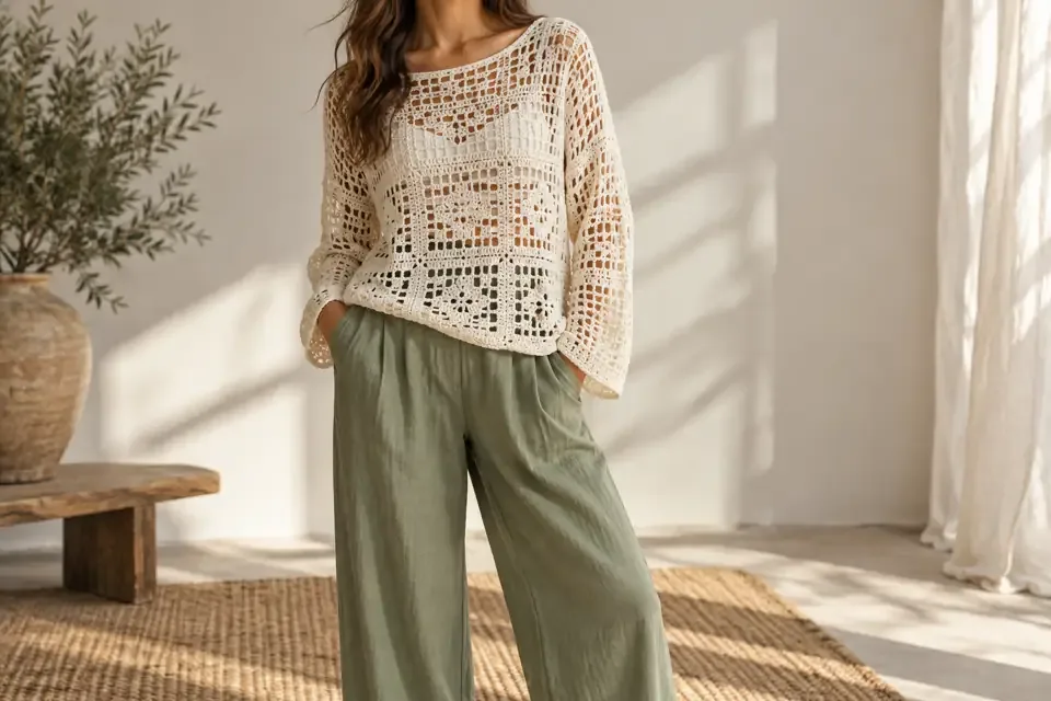 Openwork sweater with wide-leg pants crochet outfit