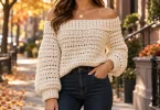 Cream crochet off-the-shoulder sweater styled with dark denim on an autumn city street