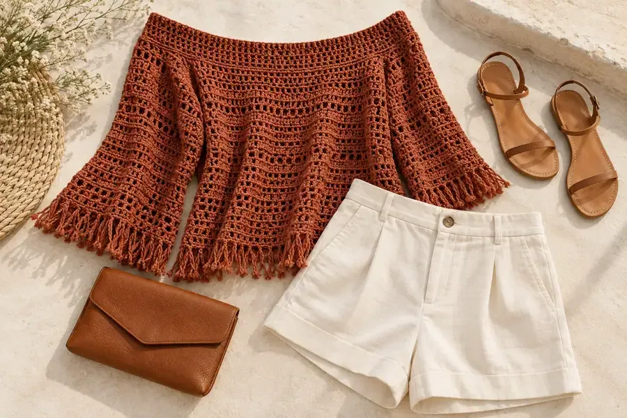 Rust crochet sweater with fringe hem paired with tailored cream shorts and flat sandals