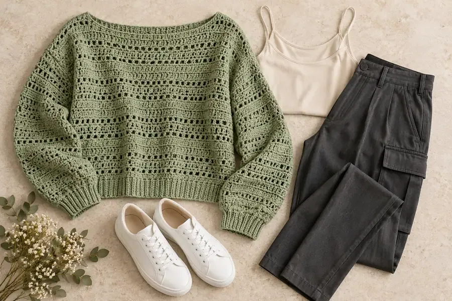 Sage crochet sweater, neutral camisole, charcoal cargo trousers, and white sneakers arranged as a fashion flat lay