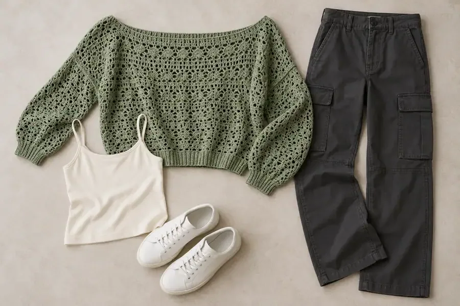 Sage openwork crochet sweater with a cream camisole and charcoal cargo trousers