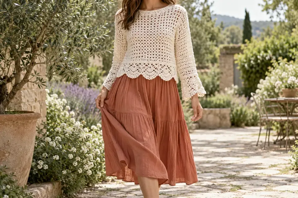 scalloped crochet sweater flowing skirt