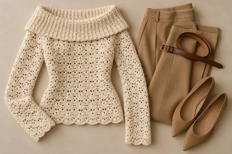 Ivory shell-stitch crochet sweater arranged with camel tailored trousers and pointed flats