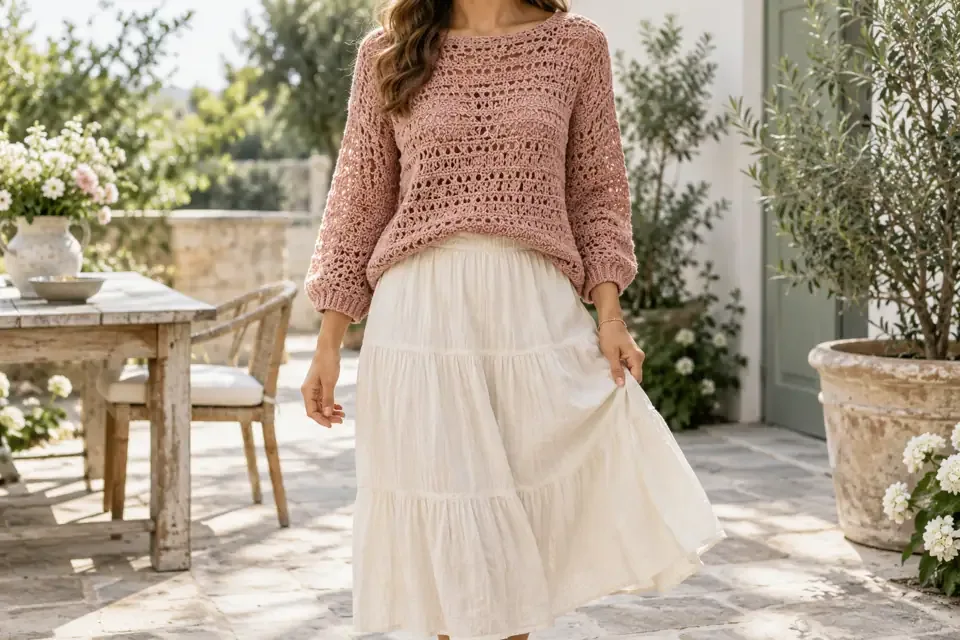 Soft crochet pullover with a cotton midi skirt crochet outfit