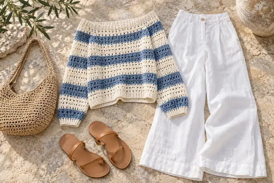 Cream and blue striped crochet sweater styled with white linen trousers and tan sandals
