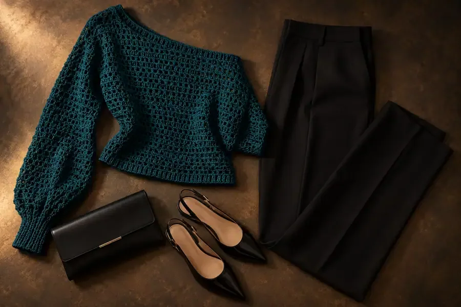 Deep teal asymmetrical crochet sweater paired with straight-leg black trousers and slingback flats