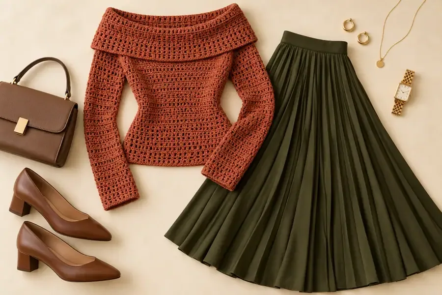 Terracotta crochet sweater paired with an olive pleated midi skirt and brown heels