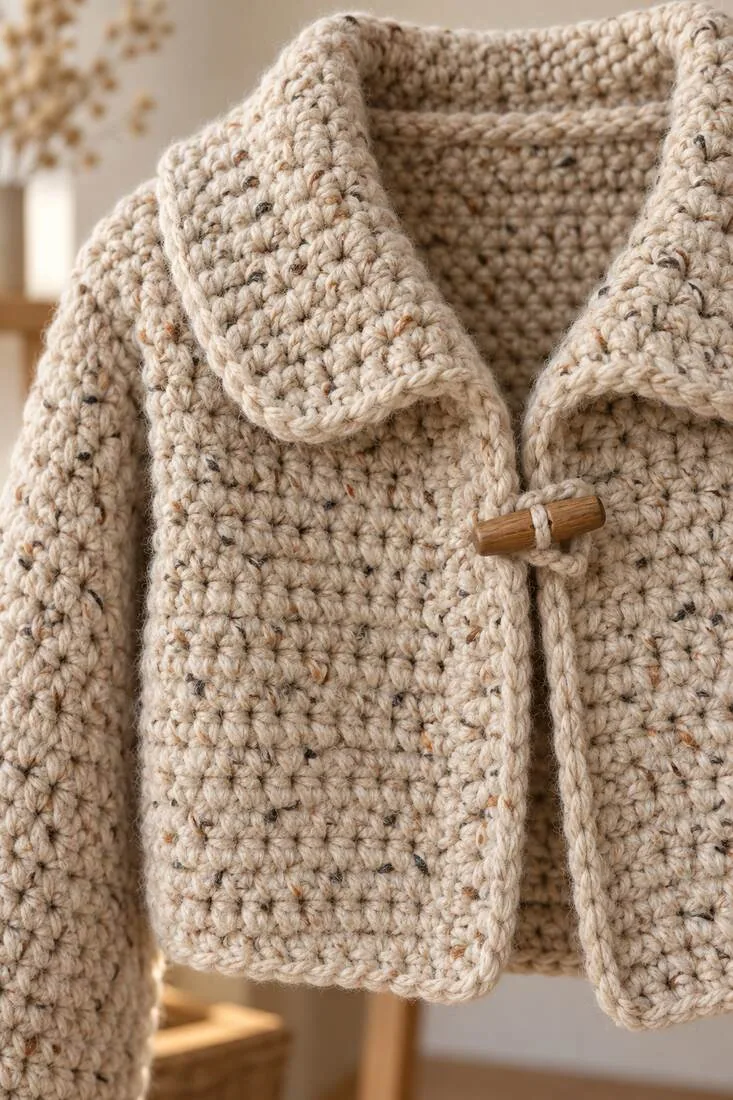 Wetherby Crop Cardigan: Free Pattern Guide & Size Chart 5 Close-up of oatmeal crochet cardigan texture, rolled collar and wooden toggle fastening