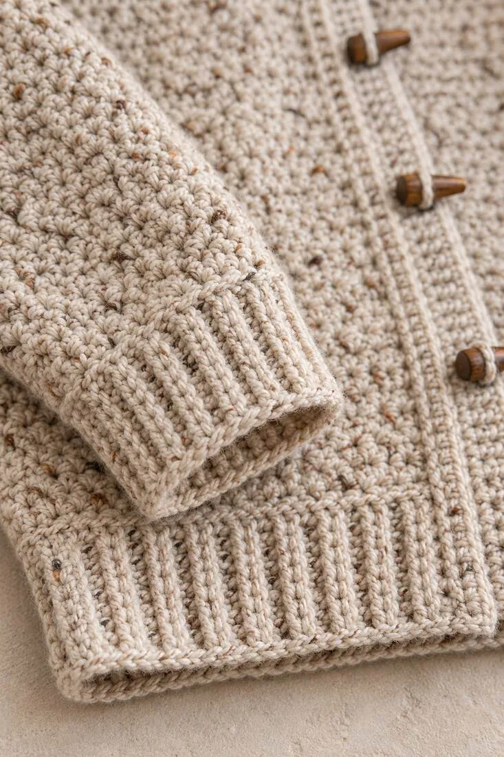 Wetherby Crop Cardigan: Free Pattern Guide & Size Chart 6 Close-up of the oatmeal crochet cardigan sleeve cuff and textured stitch pattern