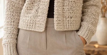 Oatmeal textured cropped crochet cardigan with rolled collar and toggle fastening styled over a dark top