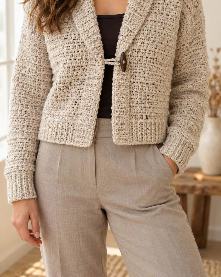 Oatmeal textured cropped crochet cardigan with rolled collar and toggle fastening styled over a dark top