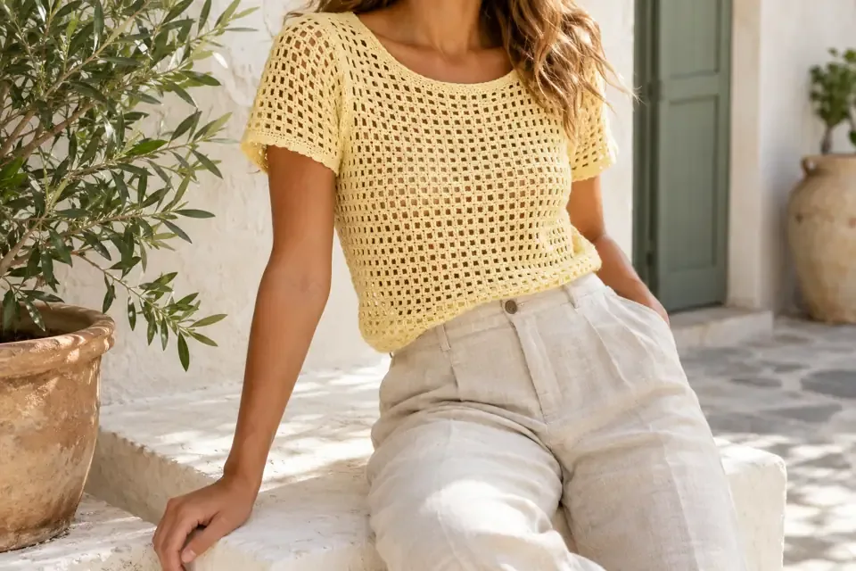 Butter-yellow short-sleeve filet crochet top with natural linen trousers